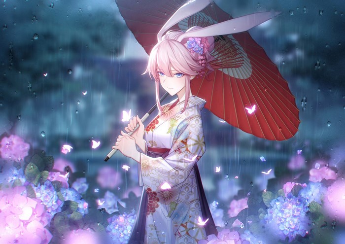 Yae Sakura from Honkai Impact 3rd with umbrella in rain