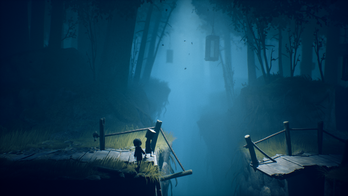 Mono and Six from Little Nightmares 2 in a foggy forest