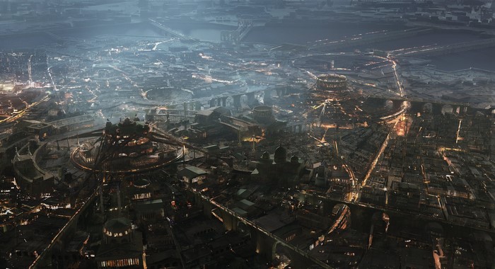 Aerial view of a sprawling city at night