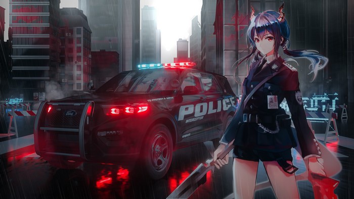 Chen from Arknights standing by a police car in the rain