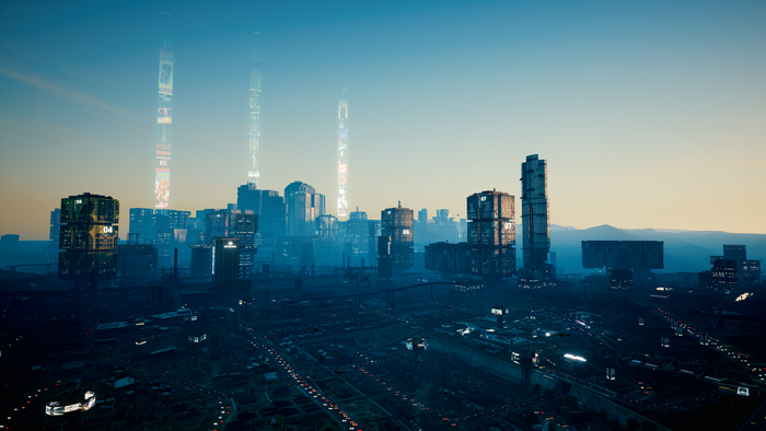 Cyberpunk 2077 cityscape with futuristic skyscrapers