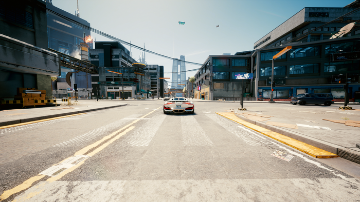 Cyberpunk 2077 city street with a sports car