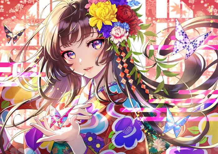 Anime girl in kimono with flowers and butterflies