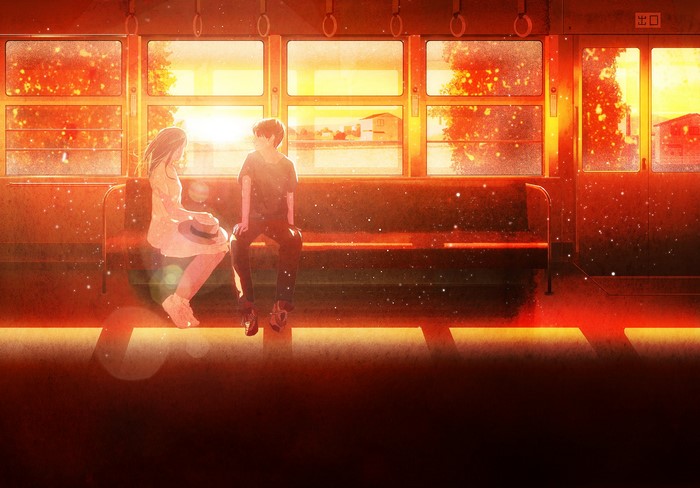 Anime couple on a train at sunset
