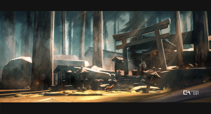 Shinto shrine in a forest with a person and a fox