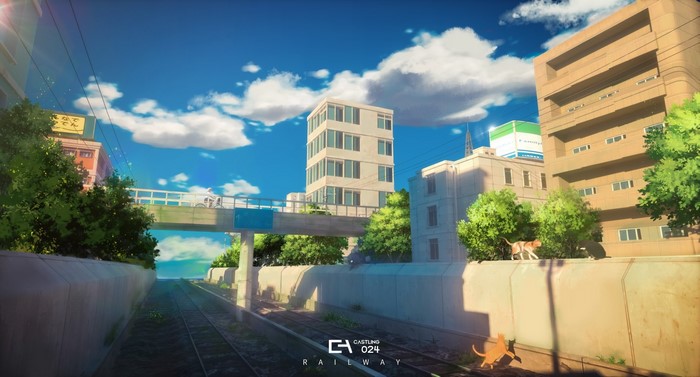 Anime railway scene with buildings and cats