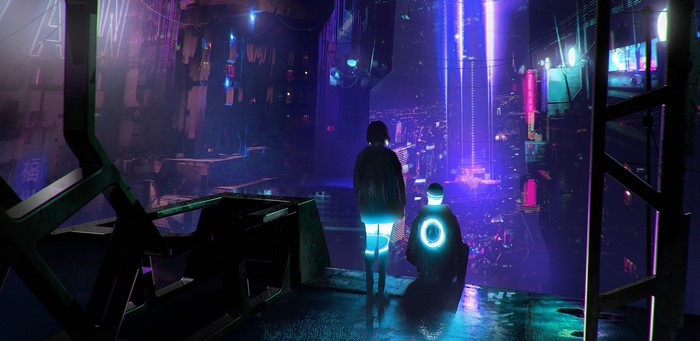 Two figures in a neon-lit cyberpunk city