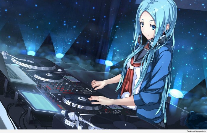Anime girl DJ with blue hair and headphones