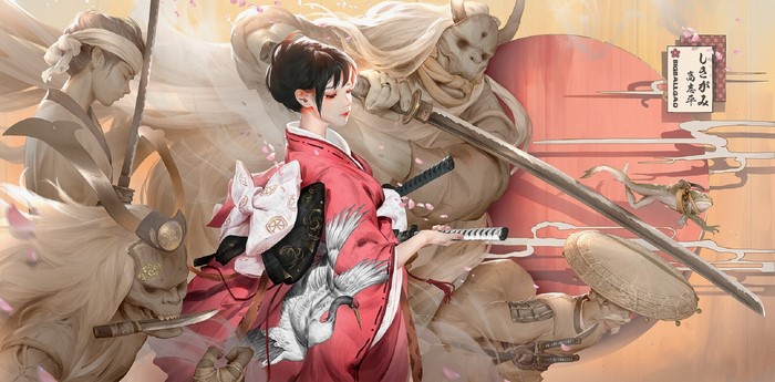 Fantasy art of a warrior woman in a kimono with demons and a frog