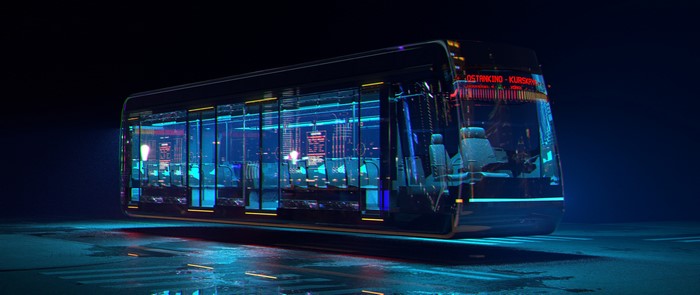Cyberpunk tram with neon lights on a wet road