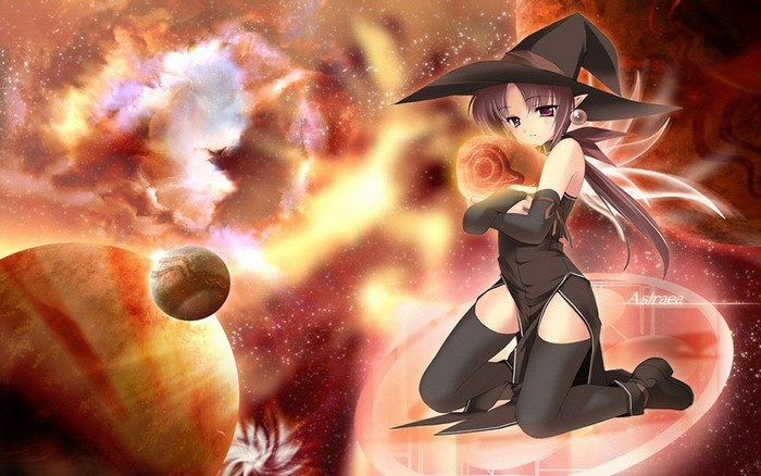 Anime girl with witch hat in space with planets