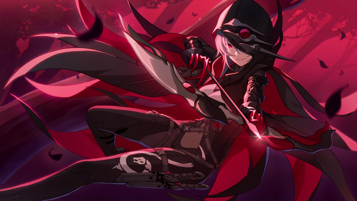 Anime girl with bow and arrow in red forest