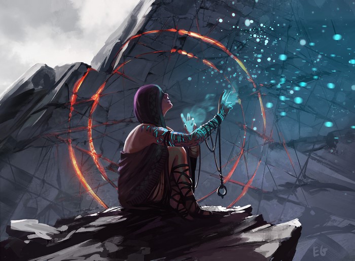 Digital Art of Woman Witch Performing Ritual