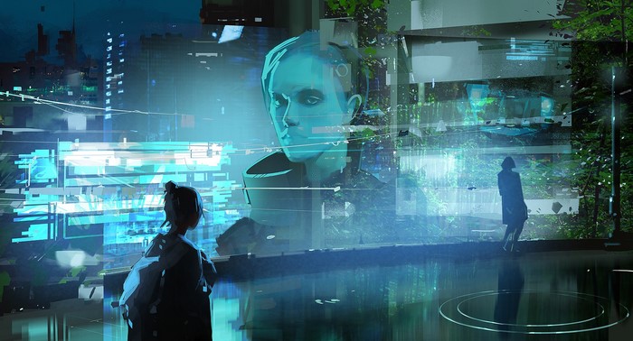 Futuristic digital art of a woman and a hologram