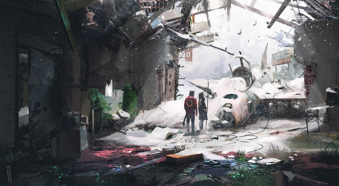 Artwork of a destroyed aircraft in a snowy environment