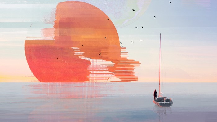 Abstract painting of a sailboat at sunset with birds