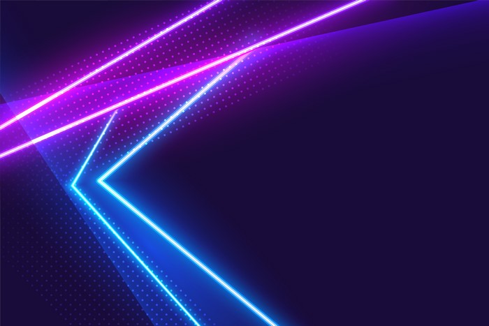 Blue and purple neon geometric shapes on dark background