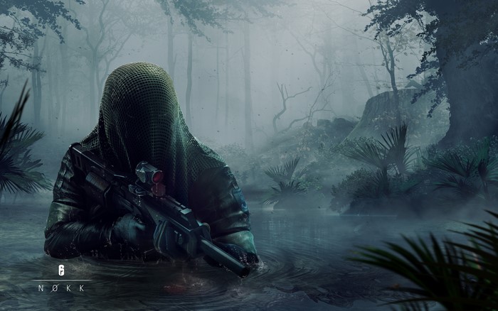 Nokk from Rainbow Six Siege in a foggy forest