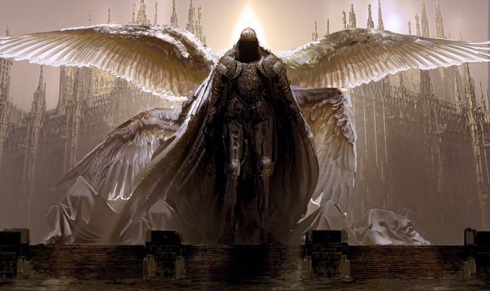 Warrior with wings in armor in front of cathedral