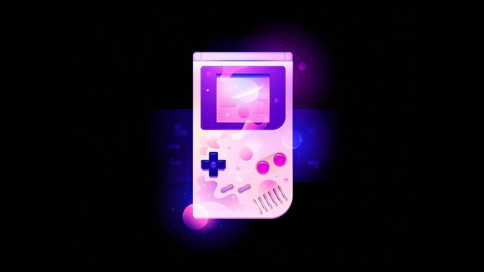 Retro GameBoy console with neon glow