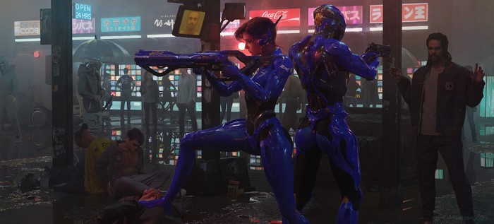 Futuristic women with weapons in a neon city