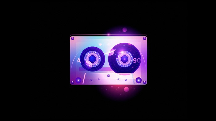 Retro cassette tape with neon purple and pink glow