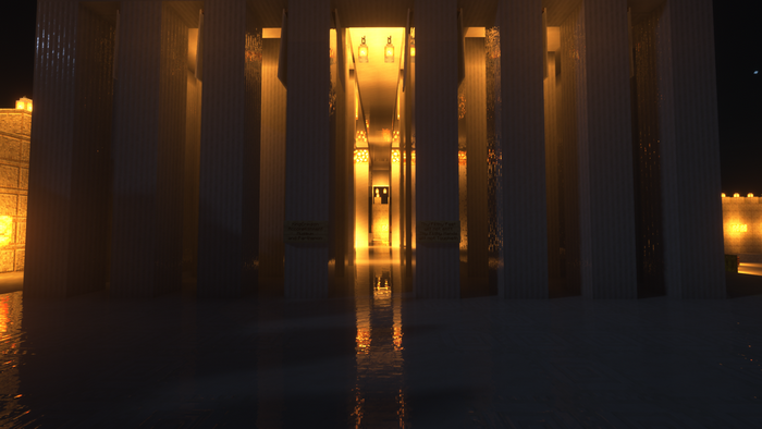 Minecraft RTX Pantheon Hallway with Golden Lights