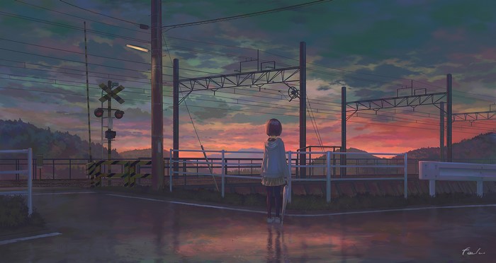 Anime girl with umbrella at sunset railroad crossing