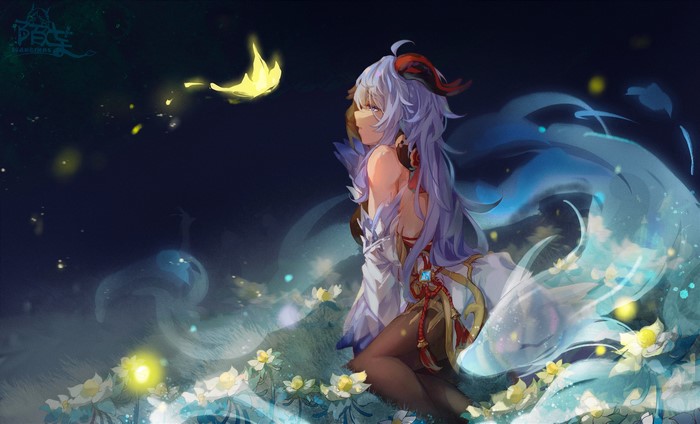 Ganyu from Genshin Impact with spirits and flowers