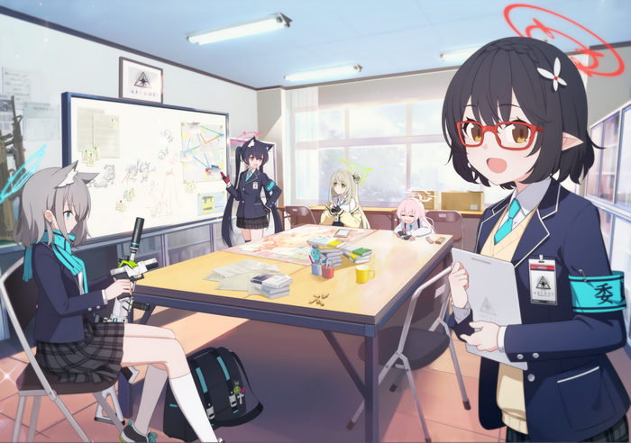 Anime girls in a classroom with a whiteboard and table