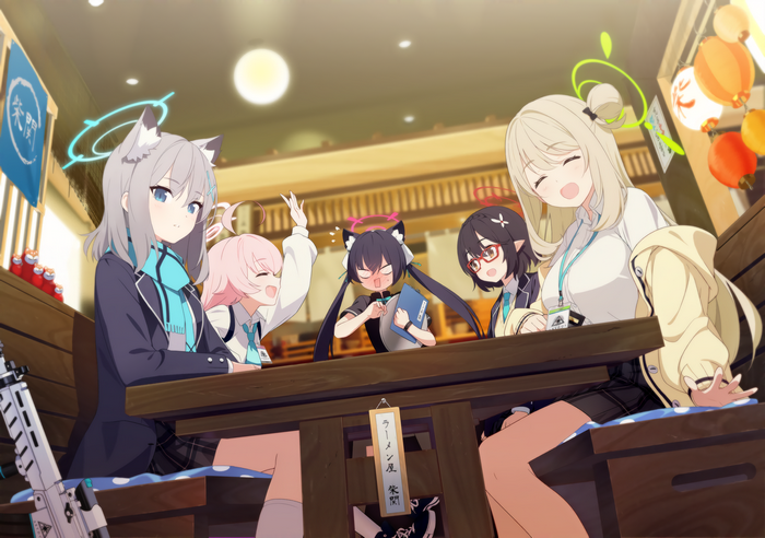 Anime girls from Blue Archive sitting at a table