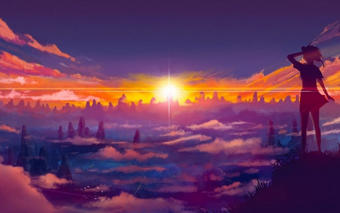 Anime girl watching a colorful sunrise over a misty landscape
