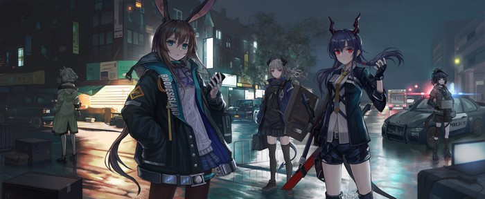 4K Arknights characters in a city at night