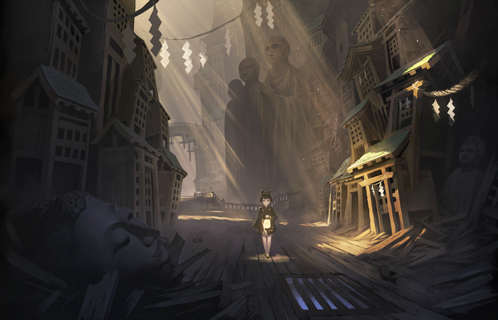 Anime girl with lantern in ruined Japanese temple with Buddha statues