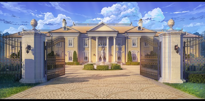 Mansion with Gates and Statue