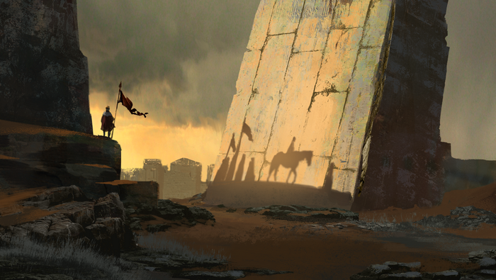 A lone figure with a flag stands on a cliff overlooking a desert landscape with ancient ruins and a large stone monolith.