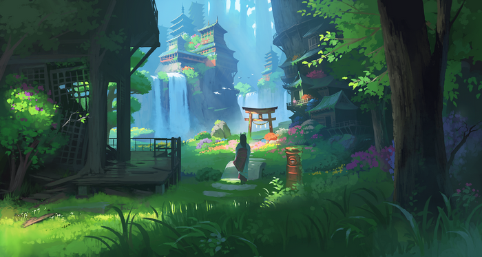 Anime girl in kimono walks through a Japanese forest with waterfalls and temples
