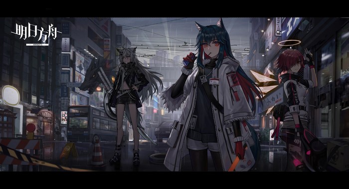 4K Arknights: Lappland, Exusiai, and Texas in a City