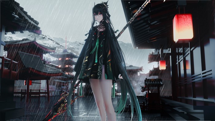 Anime girl from Punishing: Gray Raven in rainy village