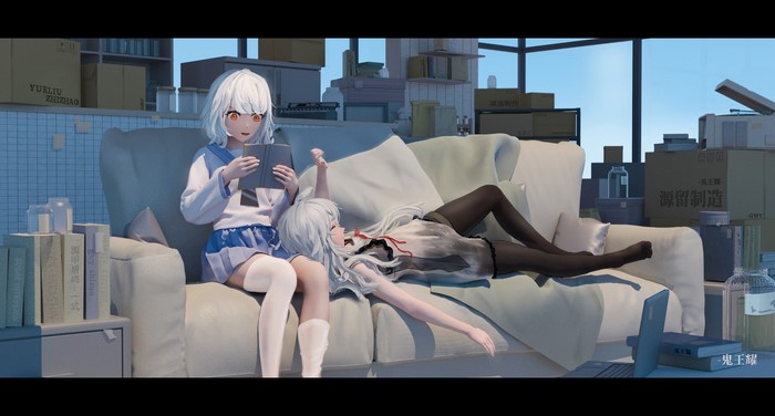 Anime girls with silver hair on a couch