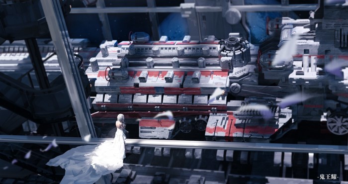 Anime girl in white dress on futuristic platform