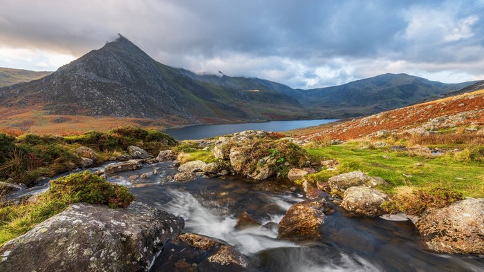Mountain lake with stream and rocky foreground
