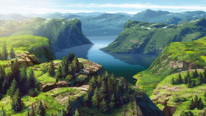 Anime landscape with mountains and a lake