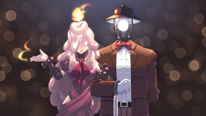 Candle-headed woman and lamp-headed man in suits