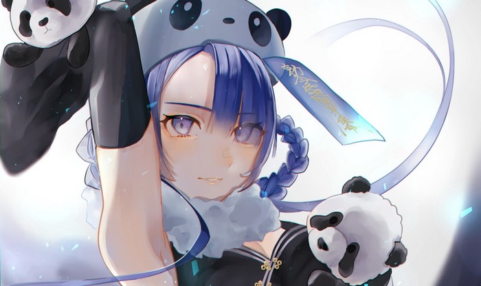 Anime girl with blue hair and panda hat