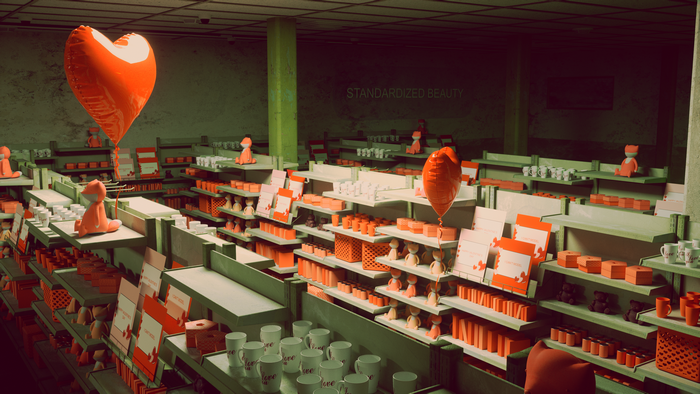 Valentine's Day store with heart balloons and fox figurines