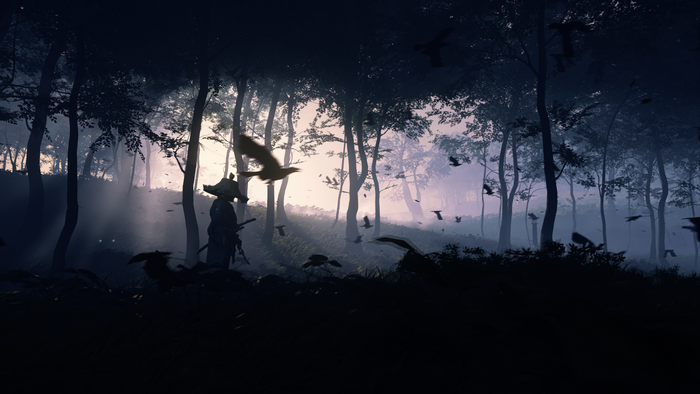 Jin Sakai from Ghost of Tsushima in a forest