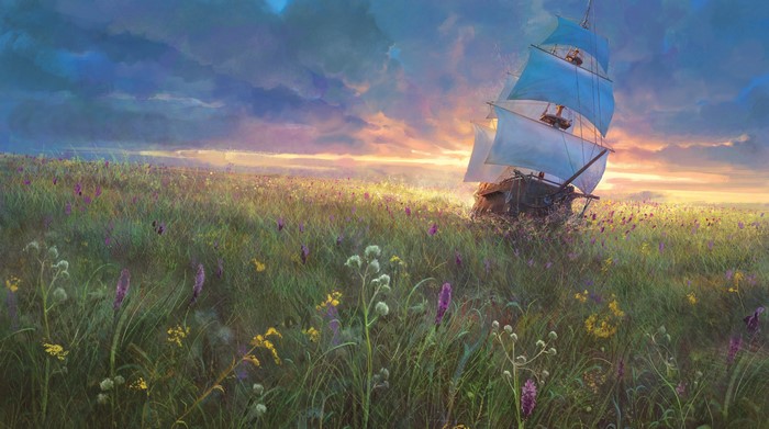 Sailing ship in a field of flowers at sunset