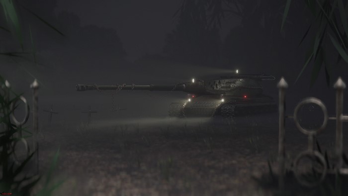 The Marauder tank in a misty graveyard