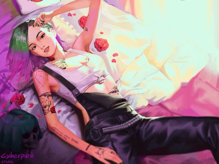 Judy Alvarez from Cyberpunk 2077 lying in bed